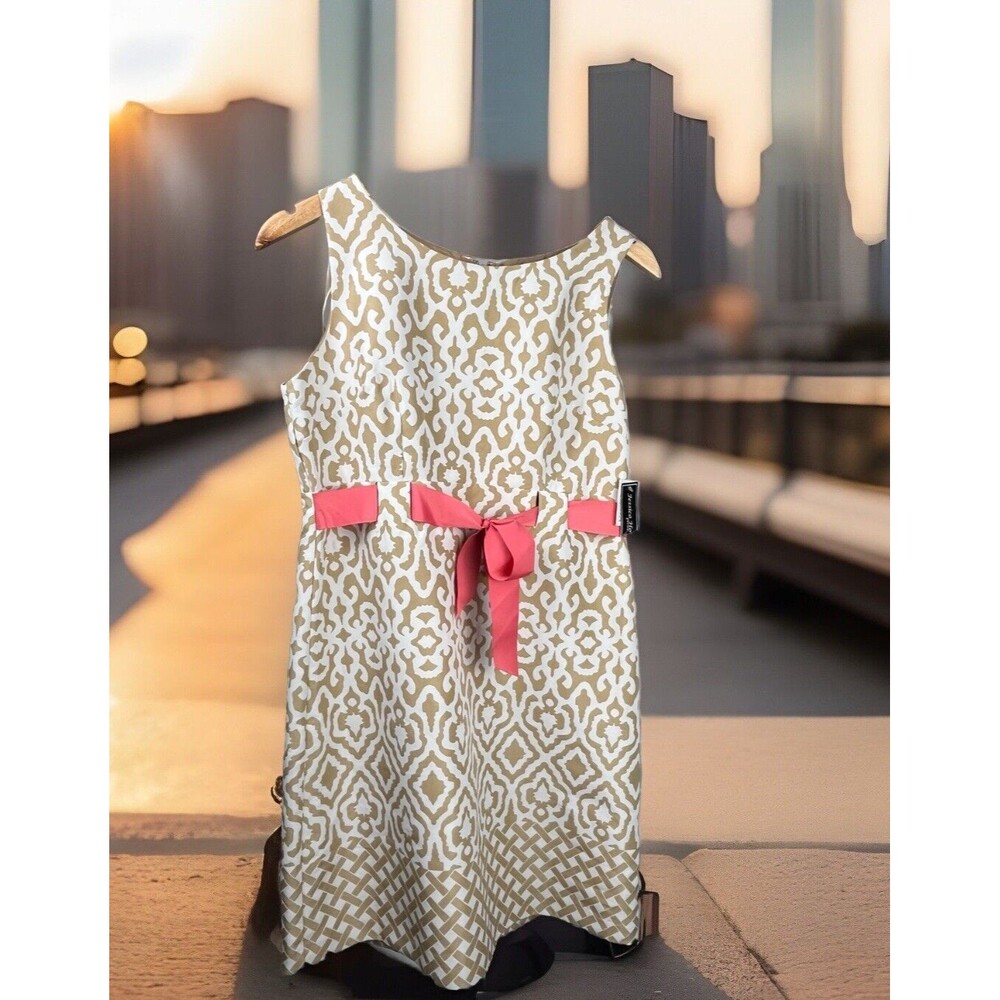 Jessica‎ Howard Dress Sleeveless Sheath Ribbon Belt Beige White 10 P NWT Career